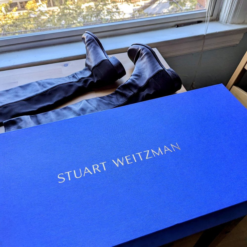 STUART WEITZMAN ICONIC 50/50 BLACK LEATHER OVER THE KNEE EASY PULL ON BOOTS
